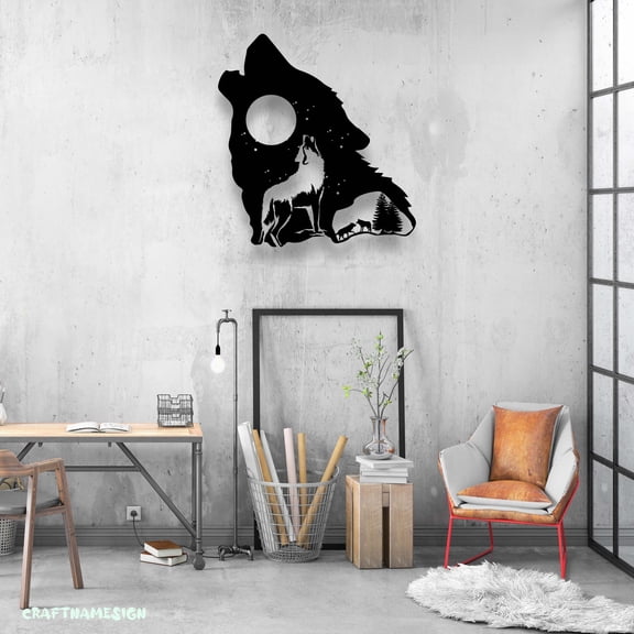 Craftnamesign Wolf On The Moon Metal Wall Art LED Light, Howl Wolf Sign, Srescent Moon Home Decor