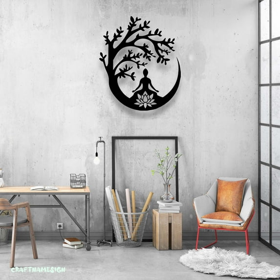 Craftnamesign Yoga Buddha Tree Metal Sign LED Light, Buddhist Sign, Buddhist Decor