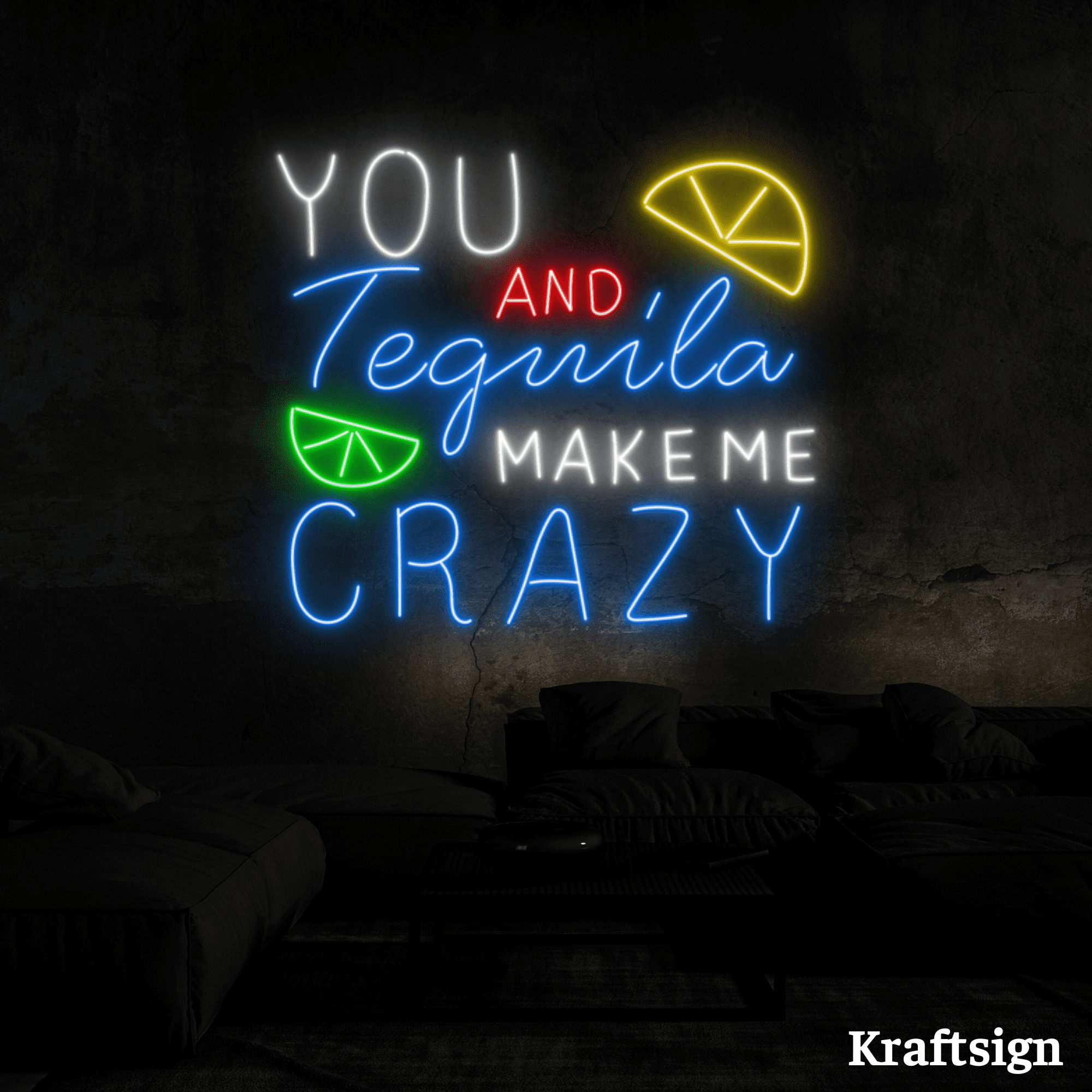 Craftnamesign You And Tequila Make Me Crazy Neon Sign, Tequila Bar