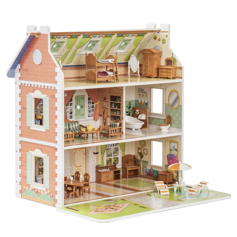 Classic Vintage Wooden Dollhouse for Boys and Girls, Great Gift for Kids, Size: Small, Orange