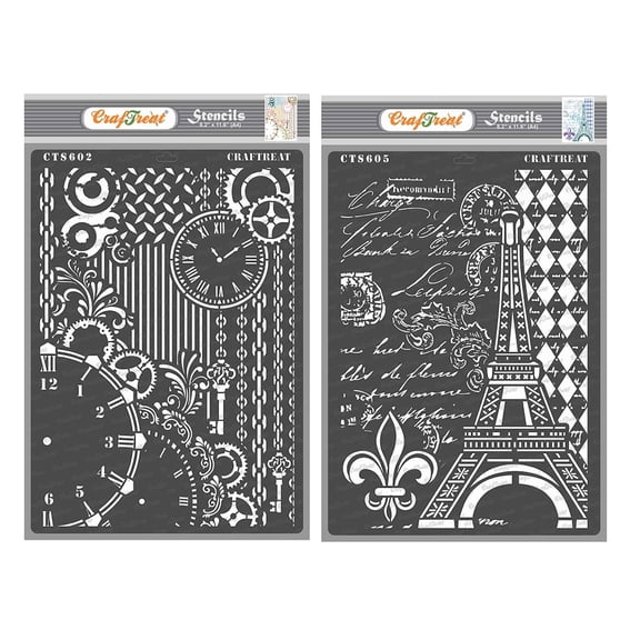 Craftreat Clock and Key and Eiffel Tower Script Stencil for Painting - 2 Pcs - 8.3"x11.7" (A4) each