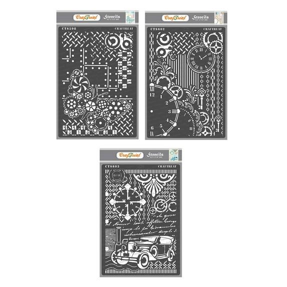 Craftreat Steampunk Butterfly, Clock, Key and Vintage Car Stencil for Painting - 3 Pcs - 8.3"x11.7" (A4) each