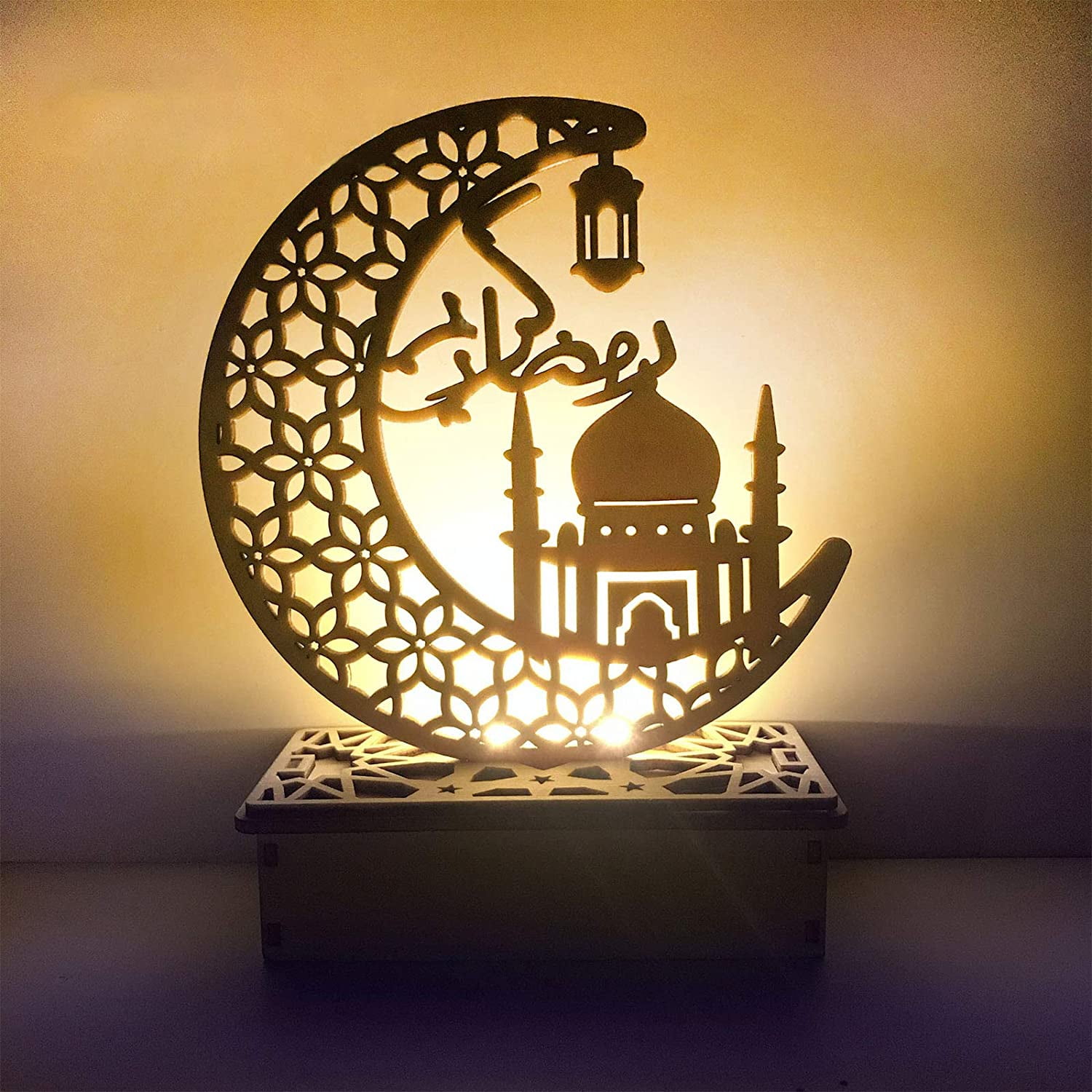 Crafts Night Light, Handmade 3D Wooden Moon Star LED Lights Decor, Ramadan Mubarak Lamp Decorations, Home Party Bedroom Eid Ornaments Gift for Muslims, Ramadan Gift, Islamic Wall Table Decor
