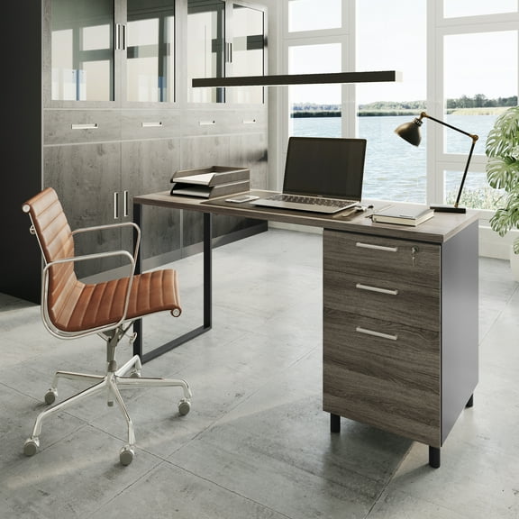 Crafts and Comfort Milano Modern Adult Computer Office Desk with 3 Locking Drawers, 47 x 23.5 in, Gray/Black
