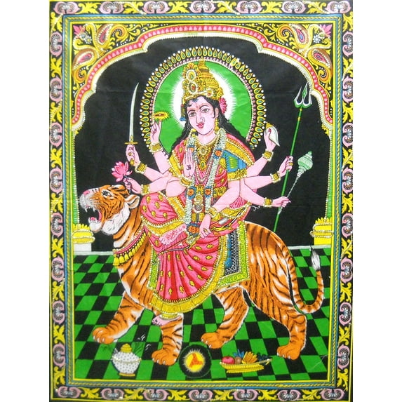Crafts of India Goddess Durga/ Sheran Wali Mata Batik Cotton Wall Hanging Painting : Size 43"x30" Inches