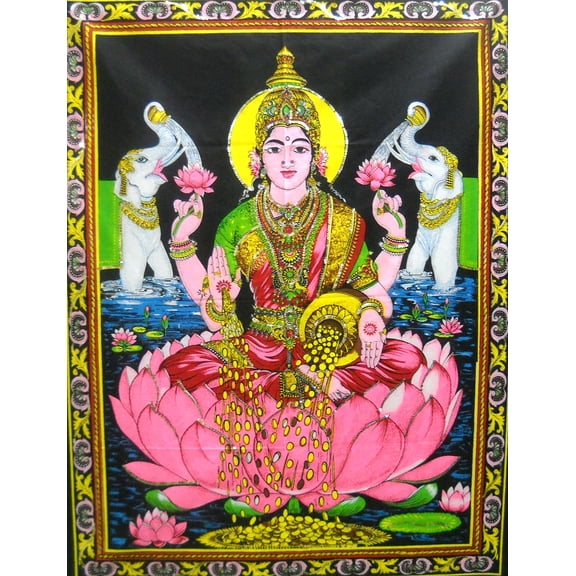 Crafts of India Goddess religious batik Lakshmi Cotton Wall Hanging Painting : Size 43"x30" Inches