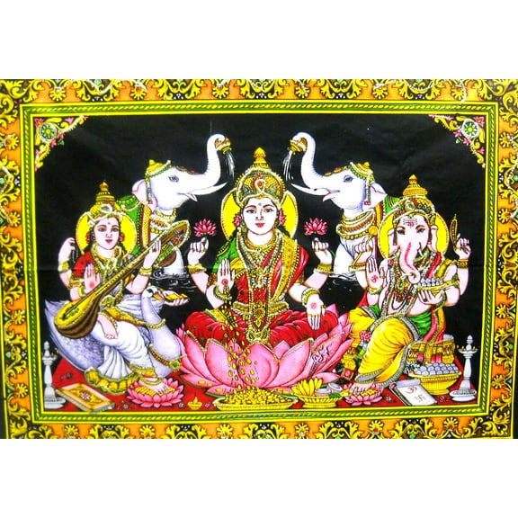 Crafts of India Lakshmi Ganesha Saraswati Batik Cotton Wall Hanging Sequins Painting : Size 43"x30" Inches
