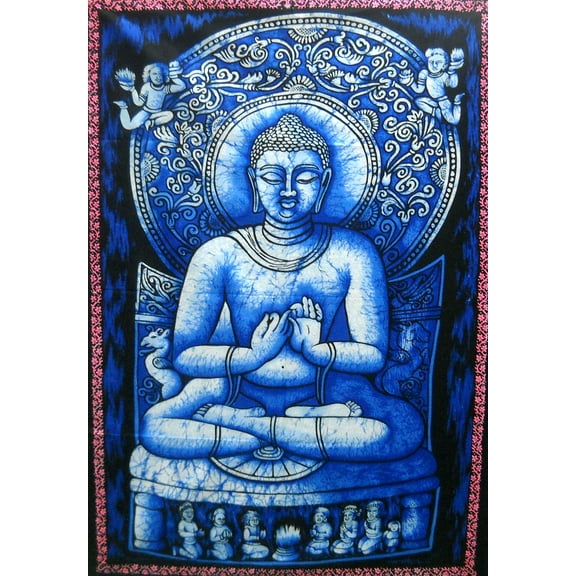 Crafts of India Lord Buddha religious batik Cotton Wall Hanging Painting : Size 43"x30" Inches