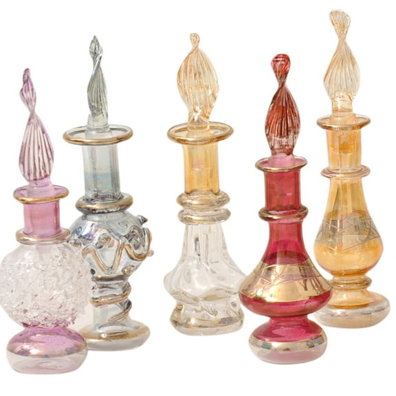 CraftsOfEgypt Genie Blown Glass Miniature Perfume Bottles for Perfumes & Essential Oils, Set of 5 Decorative Vials, Each 2" High (5cm), Assorted Colors