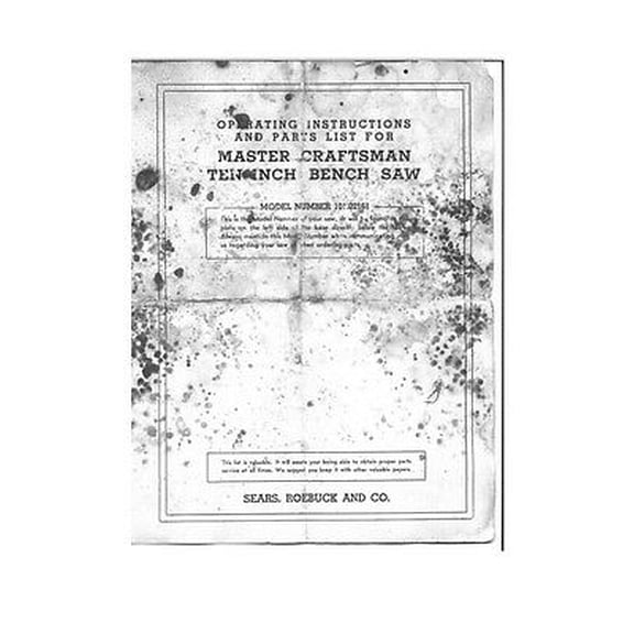 Instruction Manual ONLY for Craftsman 101.02161 Master Ten Inch Bench Saw Instructions REPRINT