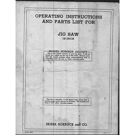 Craftsman 103.0407 Operating Instructions and Parts List Instructions REPRINT