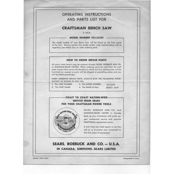 Craftsman 103.22181 9" Table Saw Instructions and Parts list Instructions REPRINT