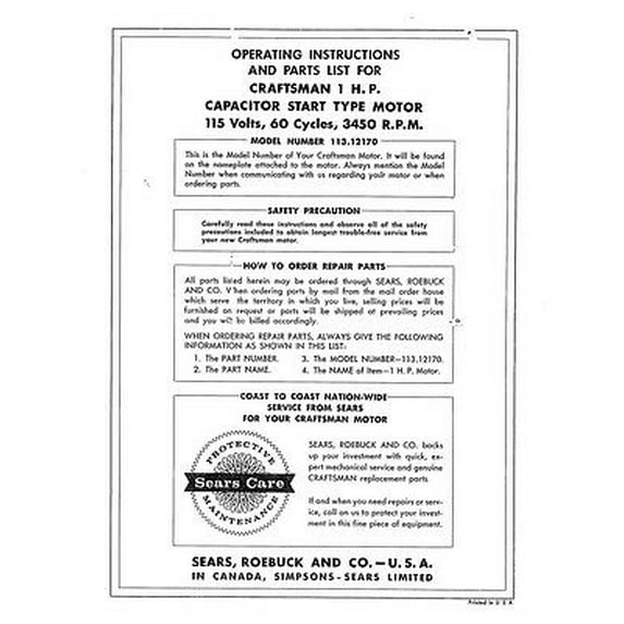 Craftsman 113.12170 1 HP 3450 RPM Capacitor-Start Type Motor Instructions REPRINT
