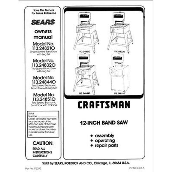 Instruction Manual ONLY for Craftsman 113.248210 113.248440 Band Saw Instruction Manual REPRINT