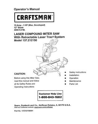 Instruction Manual ONLY for Craftsman 137.212150 Miter Saw Owners ...