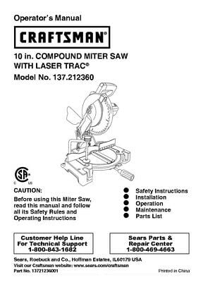 Instruction Manual ONLY for Craftsman 137.212360 Miter Saw Owners Instruction Manual REPRINT ...