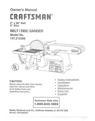 Craftsman 137.215360 Belt & Disc Sander Instruction Manual REPRINT