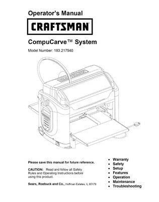 Instruction Manual ONLY for Craftsman 183.217540 CompuCarve System ...