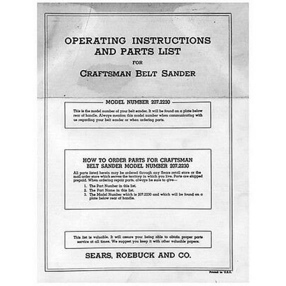 Craftsman 207.2230 Belt Sander-Operating Instructions & Parts List REPRINT