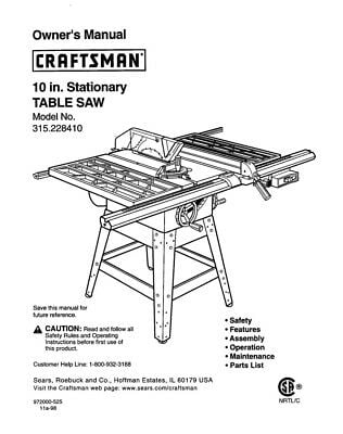 Instruction Manual ONLY for Craftsman 315.228410 Table Saw Owners ...