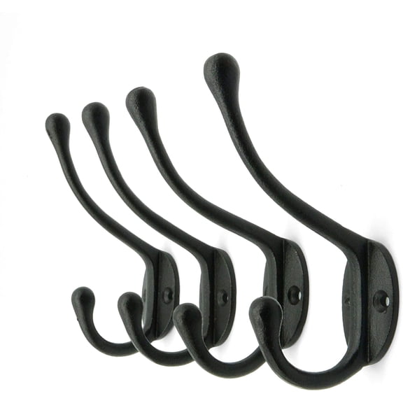 Craftsman Road Vintage Cast Iron Wall Hooks (Black Texture Finish, Set of 4) - Rustic, Farmhouse Coat Hooks | Great for Coats, Bags, Towels, Hats | Classic Slender