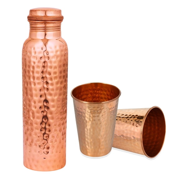 Craftstribe Handcrafted Pure Copper Water Bottle  950 ML (32.5 Oz) Capacity | Hammered Design | 100% Pure Copper Water Bottle Vessel | Leak-Proof | Authentic Copper Bottle with 2 COPPER GLASS