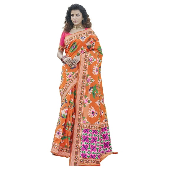 Craftstribe Patola Silk Orange Saree | Indian Diwali Wedding Gift Sari With Unstitched Blouse