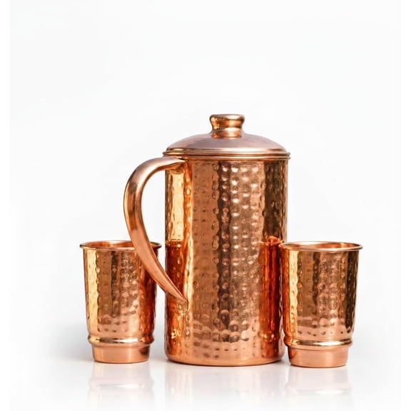 Craftstribe Pure Copper Hammered Water Jug with 2 Tumblers Set | Copper Water Pitcher | 50.7 fl oz Capacity