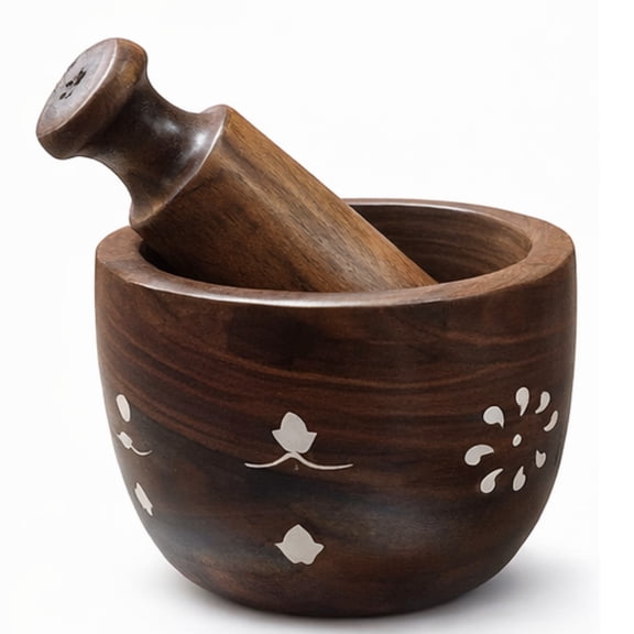Craftsyla Hand Carved Wooden Mortar and Pestle, Traditional Spice Grinder Bowl for Masala, Garlic, Ginger, Herbs, Solid Wood Manual Crusher for Kitchen Use (Inlaid Floral Design)