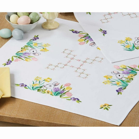 Craftways Easter Bunny & Flowers Table Topper Stamped Embroidery