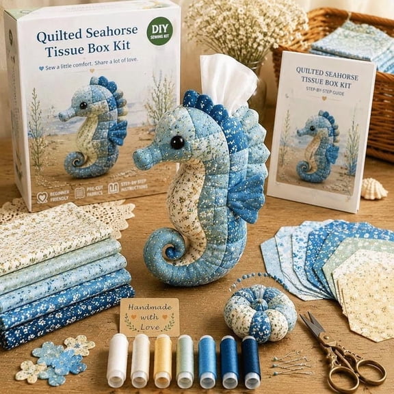 Crafty Critters DIY Tissue Box Kit - Handmade Patchwork Fabric Animal Tissue Holder, Cute Ocean & Wildlife Design, Creative Sewing Craft Kit for Adults & Kids, Unique Home Decor Gift(C)