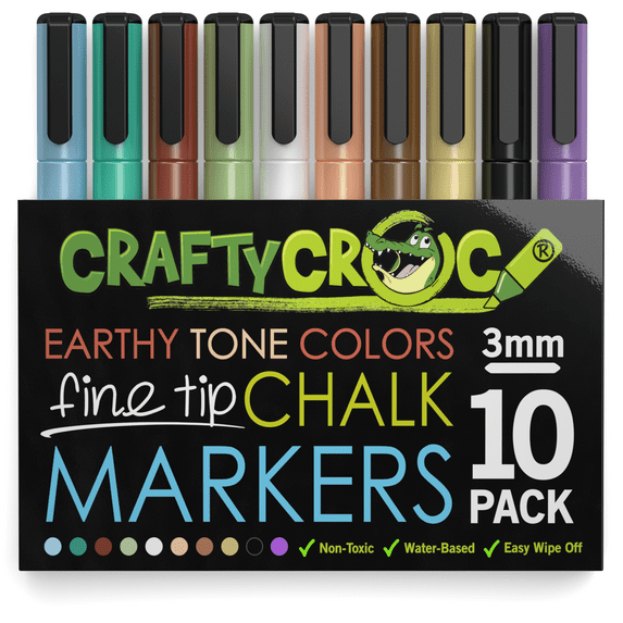 Crafty Croc Fine Tip Liquid Chalk Markers, Precise 3mm Tips, Earth Tone Colors, 10-Pack