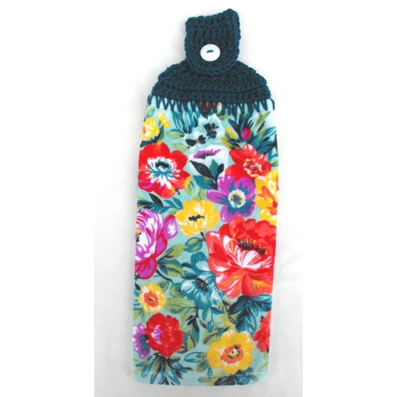 Crafty Deb Pioneer Sweet Romance Teal Floral Handmade Double Thick Hanging Kitchen Towel