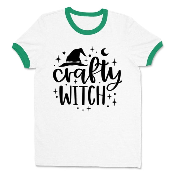 Crafty Witch Ringer Tee Shirt Unisex Medium White/Kelly Green