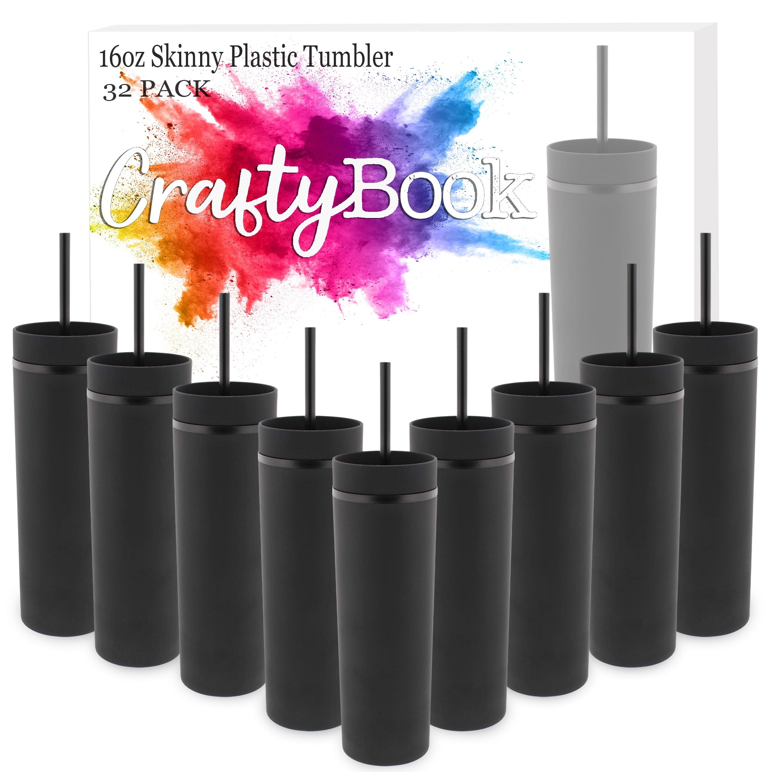 CraftyBook 16oz Black Skinny Tumblers with Lids and Straws - Bulk 32 Pack