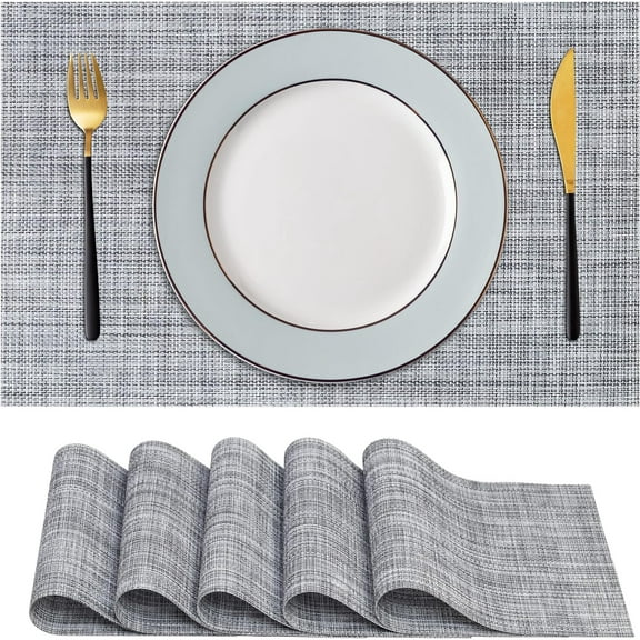 CraftyCrocodile Placemats Set of 6 - Classic Vinyl Dining Table Place Mats 12 x 18 Inch Grey