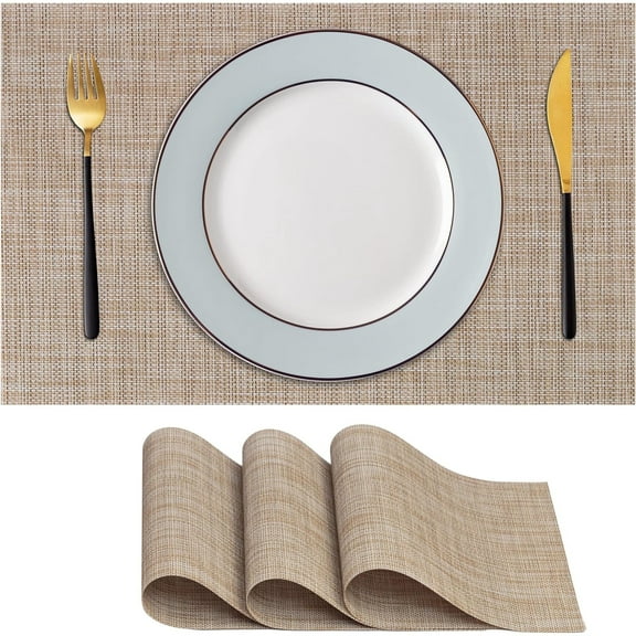 CraftyCrocodile Placemats Set of 4 - Classic Vinyl Dining Table Place Mats 12 x 18 inch Caramel