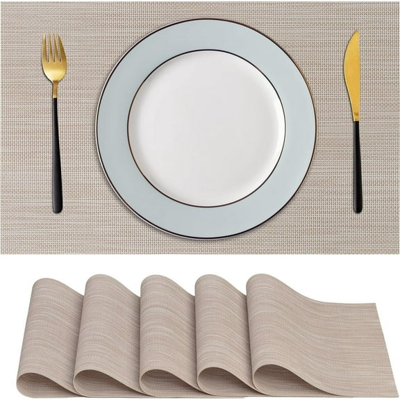 CraftyCrocodile Placemats Set of 6 - Classic Vinyl Dining Table Place Mats 12 x 18 Inch Beige