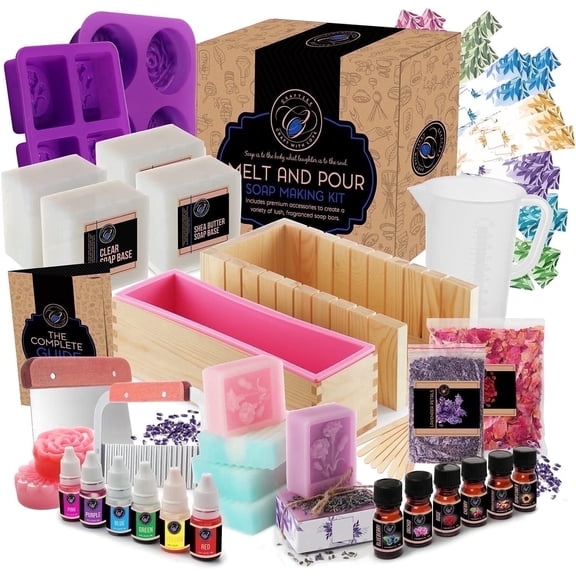 Craftzee 54 Piece Multicolor Deluxe DIY Rose Petals & Lavender Scented Soap Making Kits with 2 Melt-and-Pour Shea Butter Soap Bases