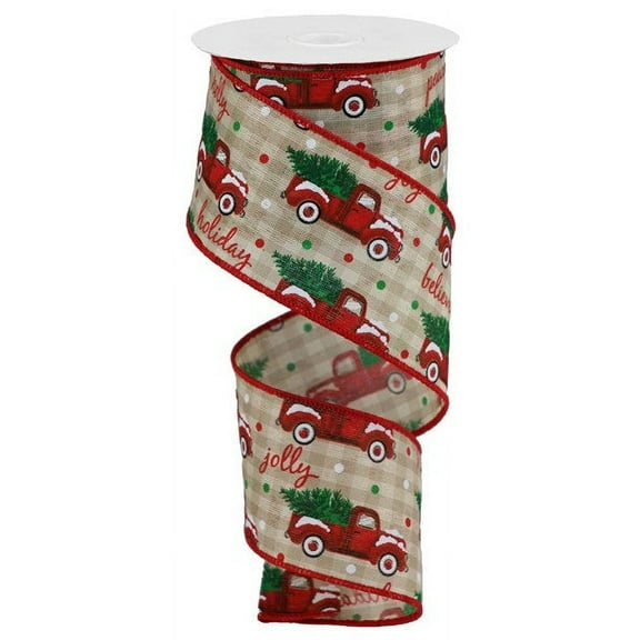 Craig Bachman 2.5" Christmas Trucks Checked Ribbon: Beige (10 Yards) Red Farm Truck Ribbon RGB10075A