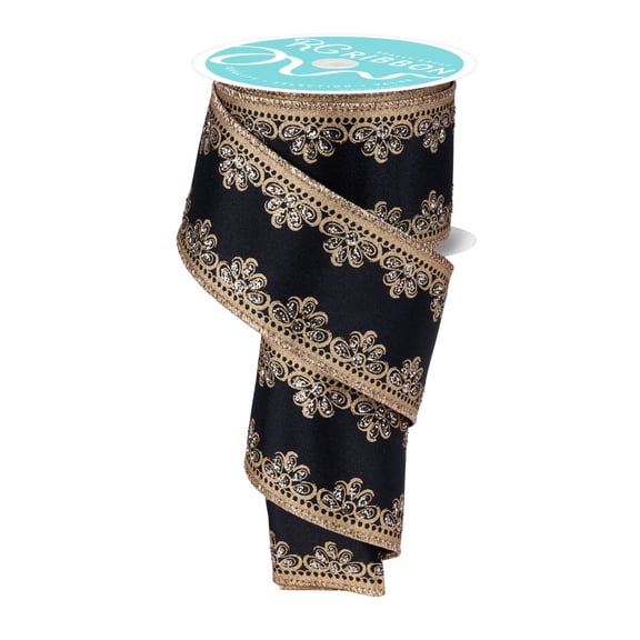 Craig Bachman Black and Gold Lux Scallop Trim Wired Ribbon, 2.5in x 10 yds