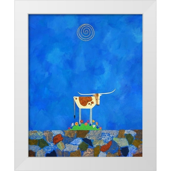 Craig, Casey 12x14 White Modern Wood Framed Museum Art Print Titled - Longhorn on Wildflower Hill