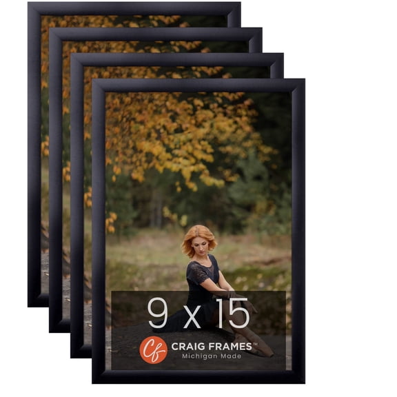 Craig Frames 9x15 Black Picture Frame 1-Inch Wide Smooth Black Gallery Rounded Moulding, Pack of 4