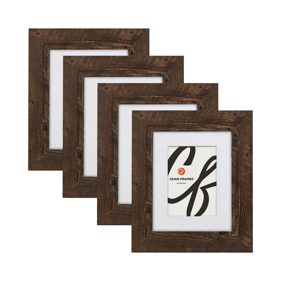 Craig Frames American Barn, 11x14 inch Faux Barnwood Picture Frame Matted for a 8x10 Photo, Brown, Set of 4