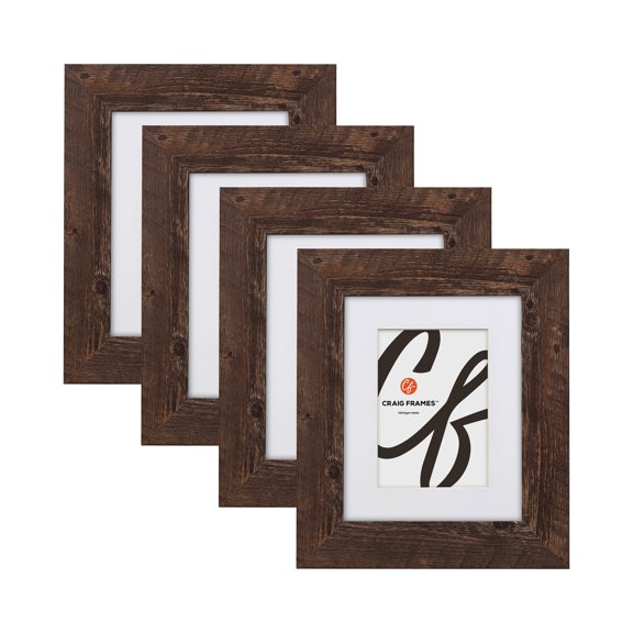 Craig Frames American Barn, 11x14 inch Faux Barnwood Picture Frame Matted for a 8x10 Photo, Brown, Set of 4