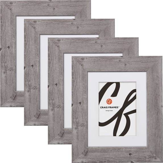 Craig Frames American Barn, 14x22 inch Faux Barnwood Picture Frame Matted for a 11x17 Photo, Light Grey, Set of 4