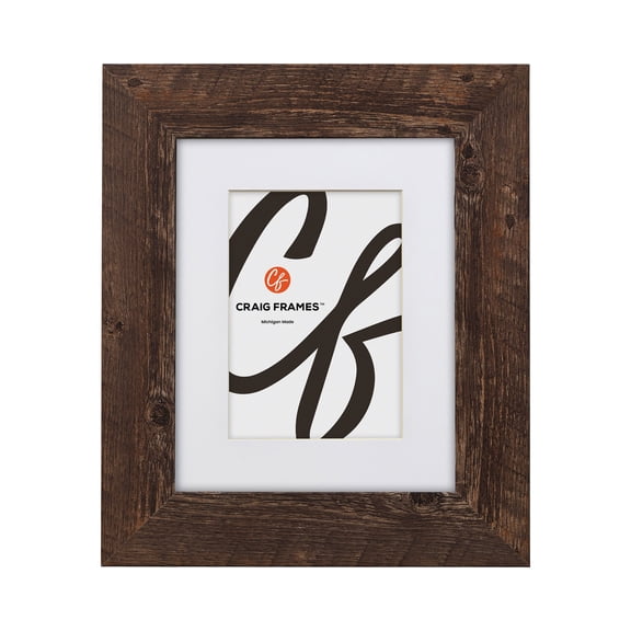 Craig Frames American Barn, 8x10 inch Faux Barnwood Picture Frame Matted for a 5x7 Photo, Brown