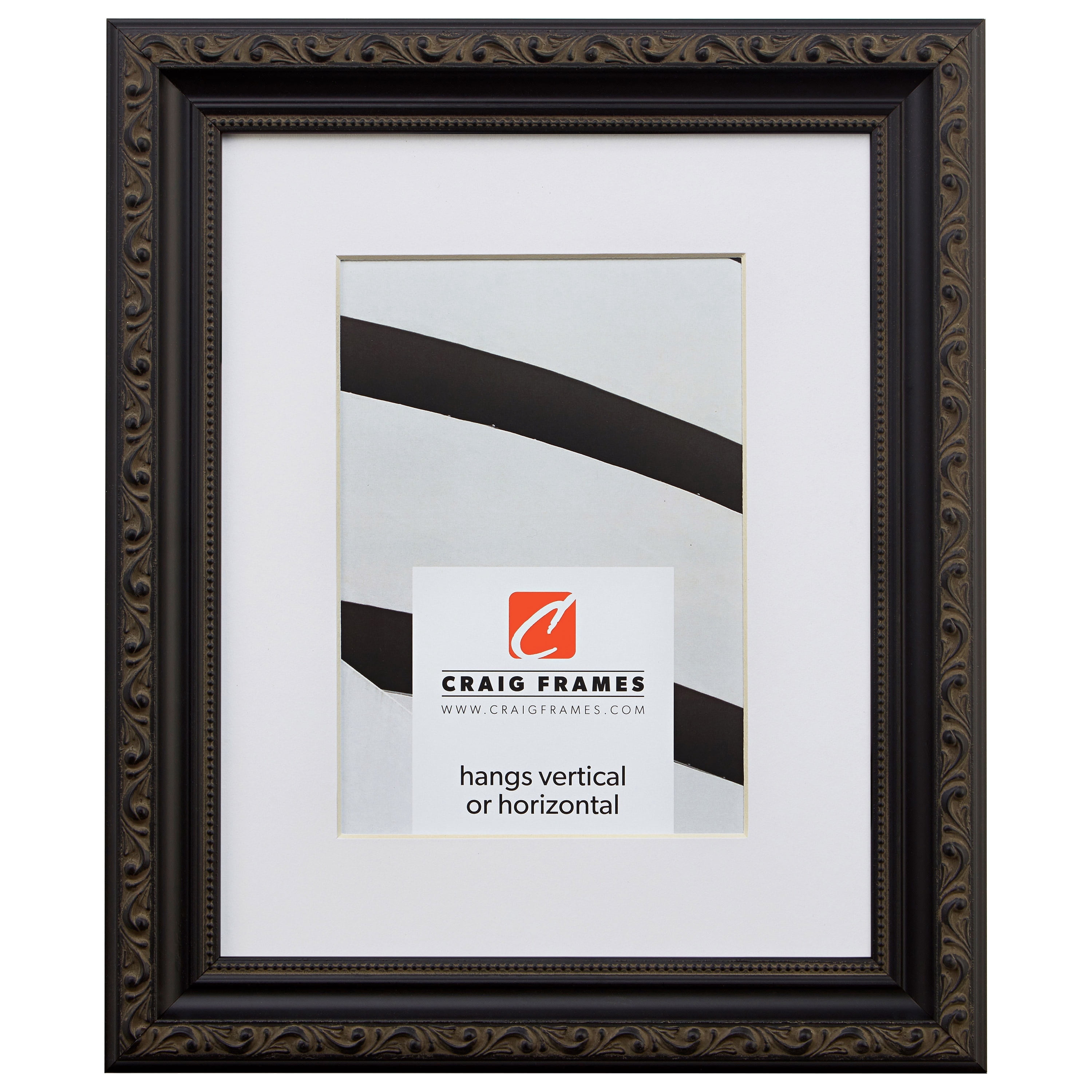Craig Frames Ancien Ornate, 18x24 inch Antique Black Picture Frame Matted for a 12x18 Photo