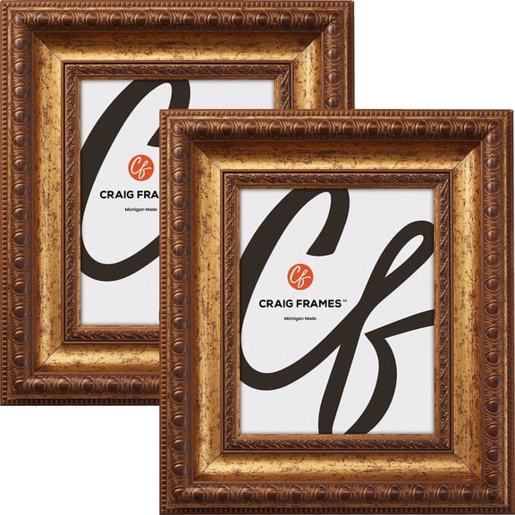 Craig Frames Arqadia Gothic, 5x7 inch Picture Frame, Aged Gold, Set of 2