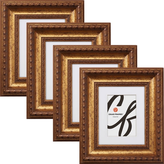 Craig Frames Arqadia Gothic, 8x12 inch Aged Gold Picture Frame Matted for a 5x7 Photo, Set of 4